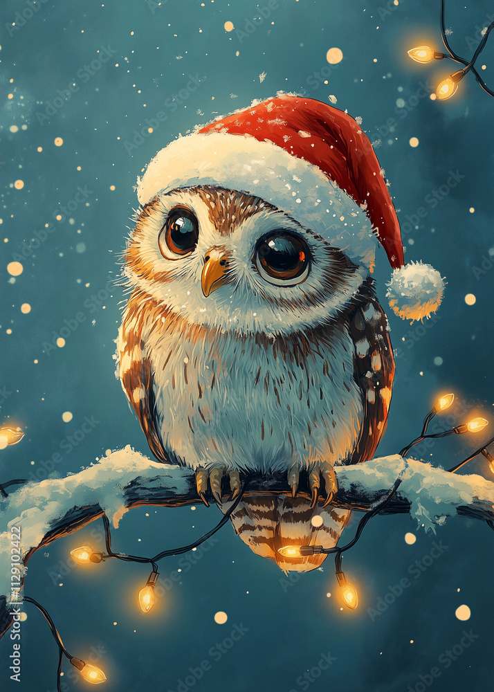 A Christmas owl donning a Santa hat sits on a snowy branch A Christmas owl donning a Santa hat sits on a snowy branch