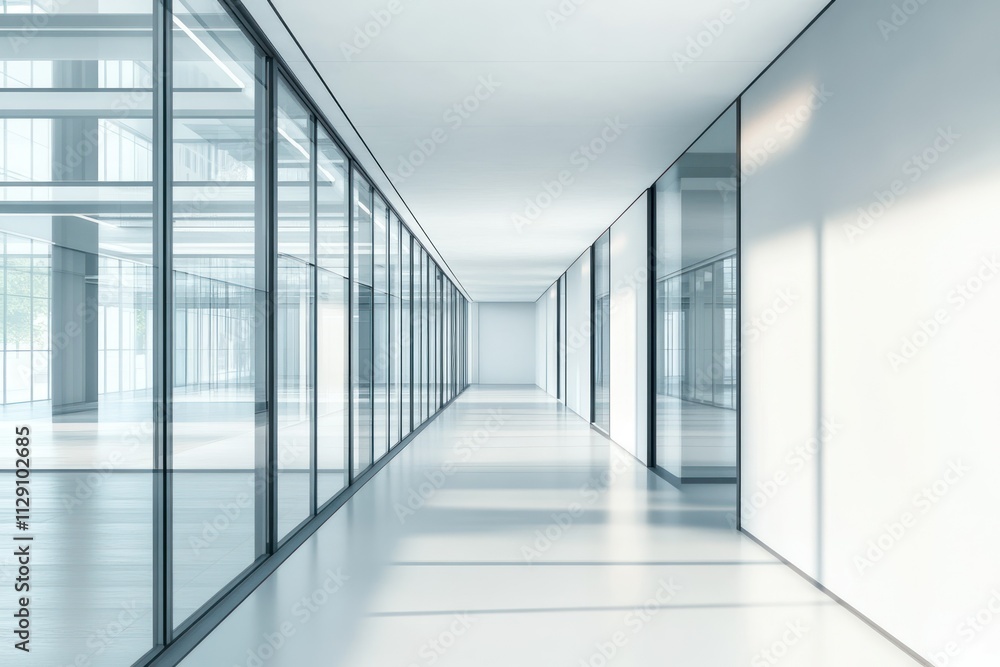 Bright corridor with glass walls, sleek reflective surfaces, and abundant natural light, creating a futuristic and open architectural design. Bright corridor with glass walls, sleek reflective surfaces, and abundant natural light, creating a futuristic and open architectural design.