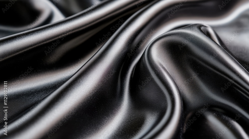 Fototapeta premium Smooth, rich black satin fabric flows gracefully, catching soft light to highlight its lustrous texture and inviting tactile allure for design lovers