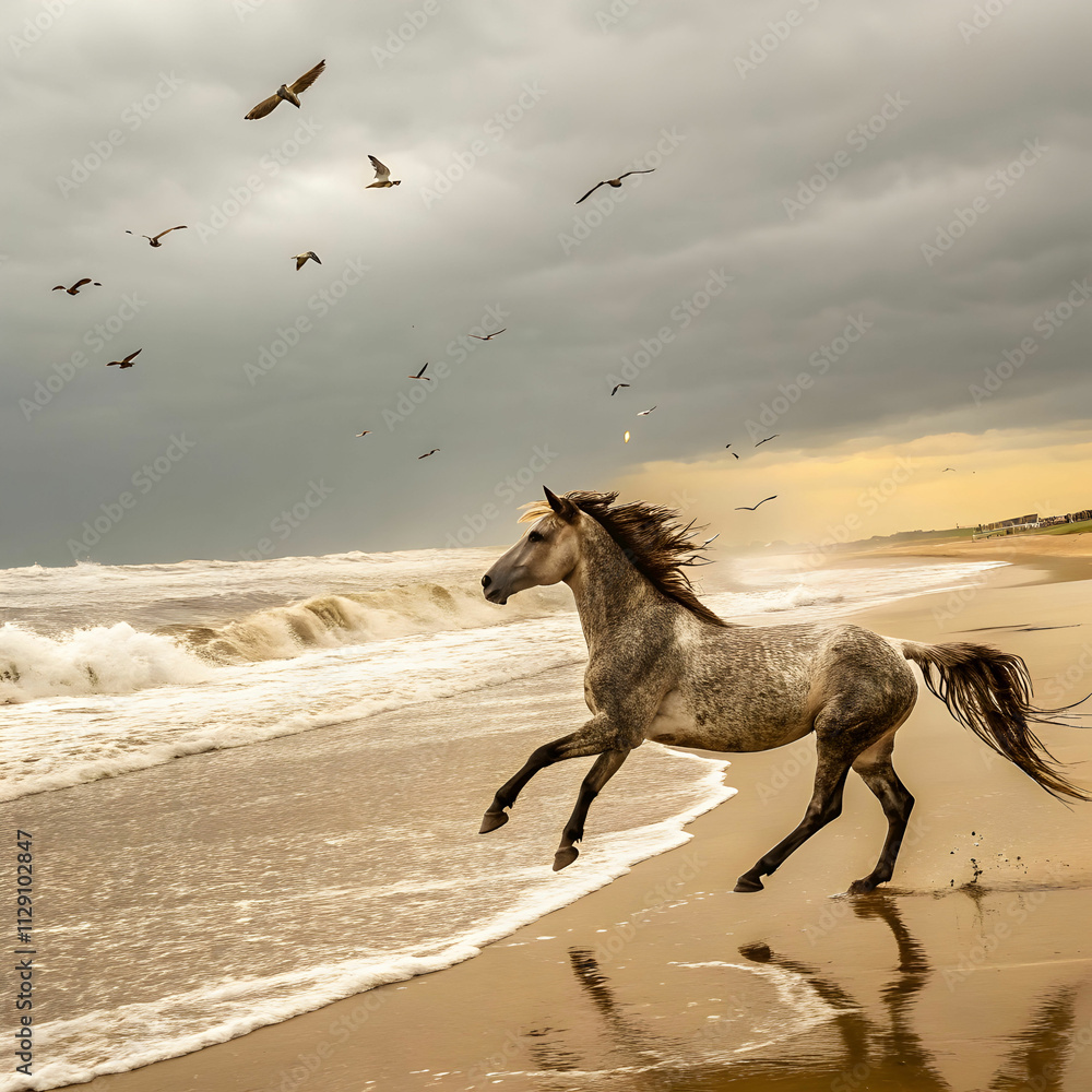 horse running on sea