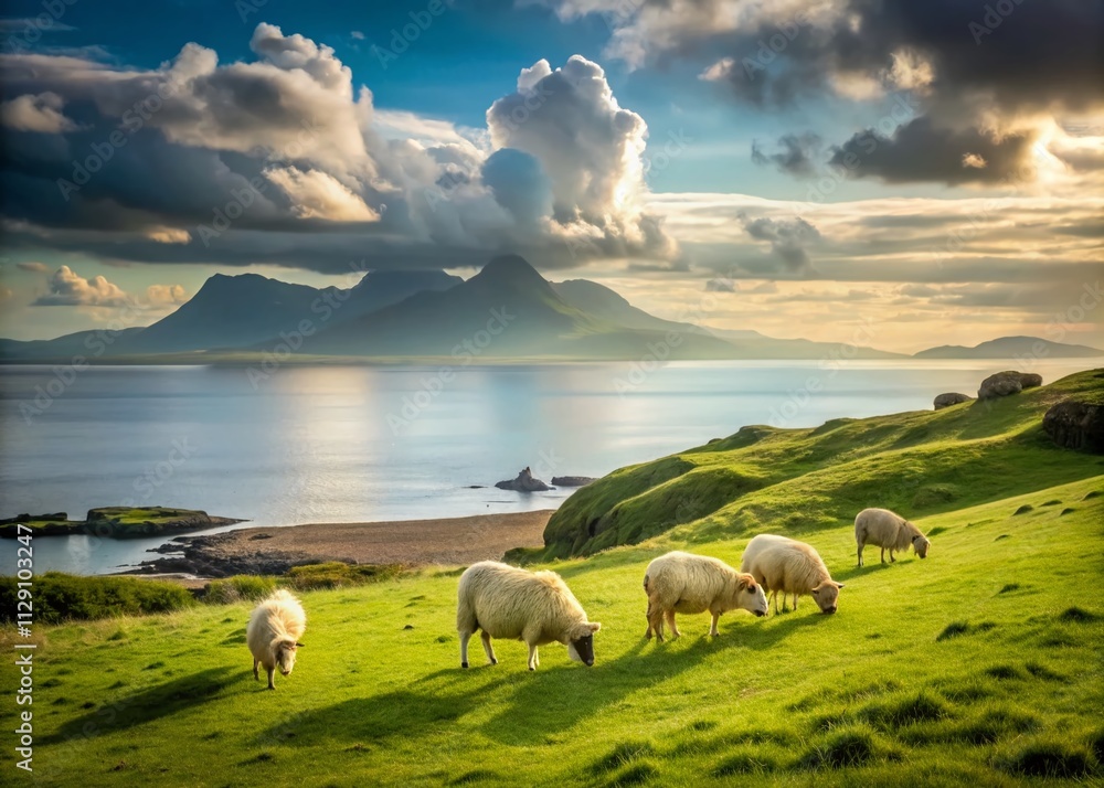 Obraz premium Serene Highland Sheep Grazing with Eigg and Rum in the Background - A Minimalist Landscape Capturing the Essence of Scotland's Natural Beauty