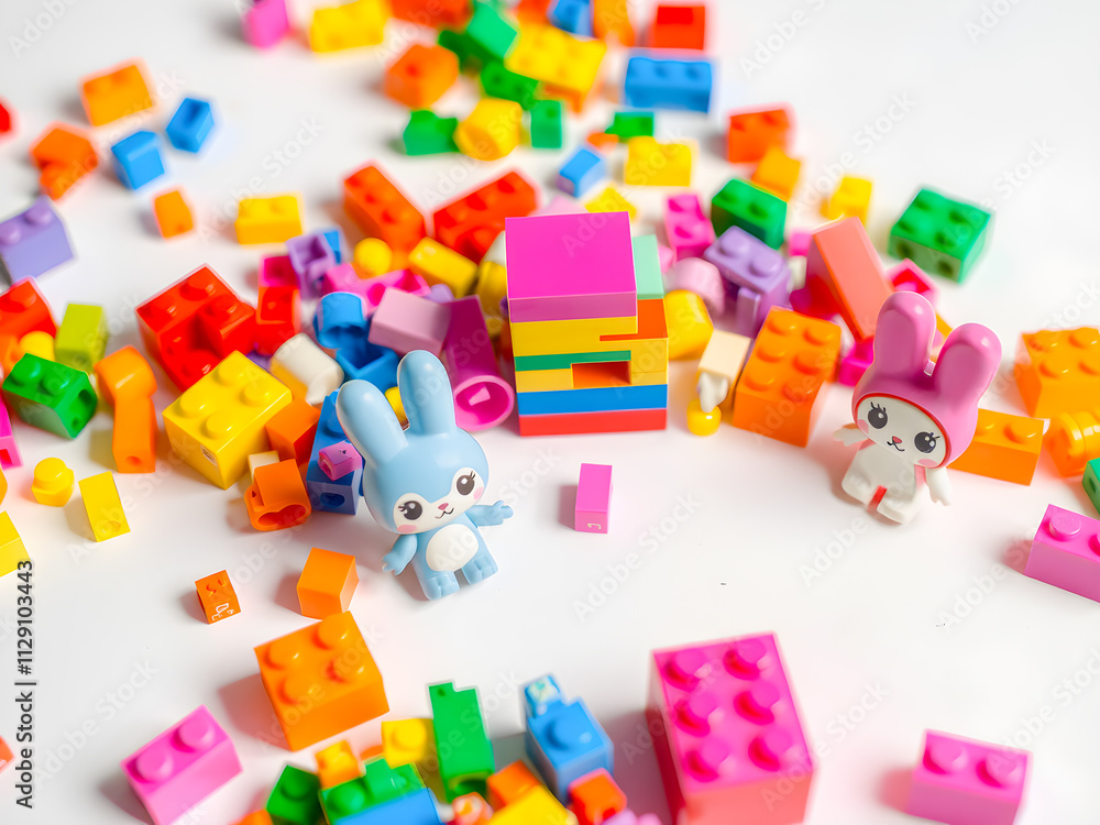 Obraz premium Colorful plastic building blocks and toy bunny on a white background.