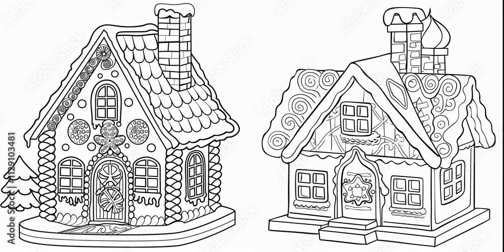Naklejka premium Whimsical Gingerbread House Designs for Festive Coloring and Crafting Fun