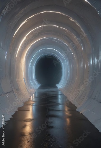 A long, winding tunnel lined with a thick, crystalline coating that refracts and amplifies a soft, white glow at the far end, clarity , shimmer, crystal photo