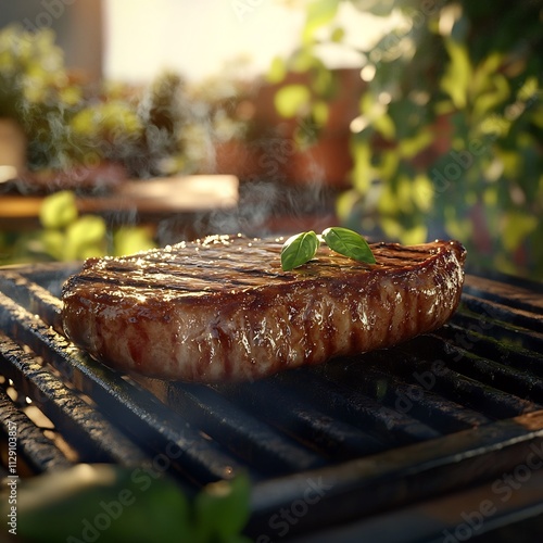 Grilled Steak Sizzling on Cast Iron Grill Outdoors in Garden