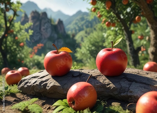 Eine große rote Raupe sitzt auf einem Apfel und beugt sich vor um die Ränder des Fruchtscheids zu erkunden, raupe, insekt