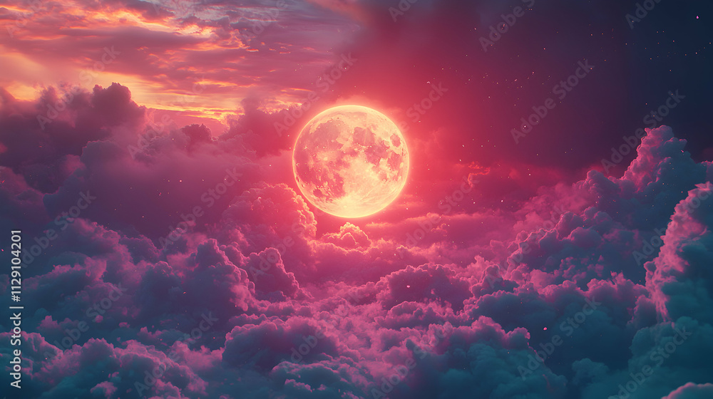 Crimson Moon Rising Above Pink Cloudscape Crimson Moon Rising Above Pink Cloudscape