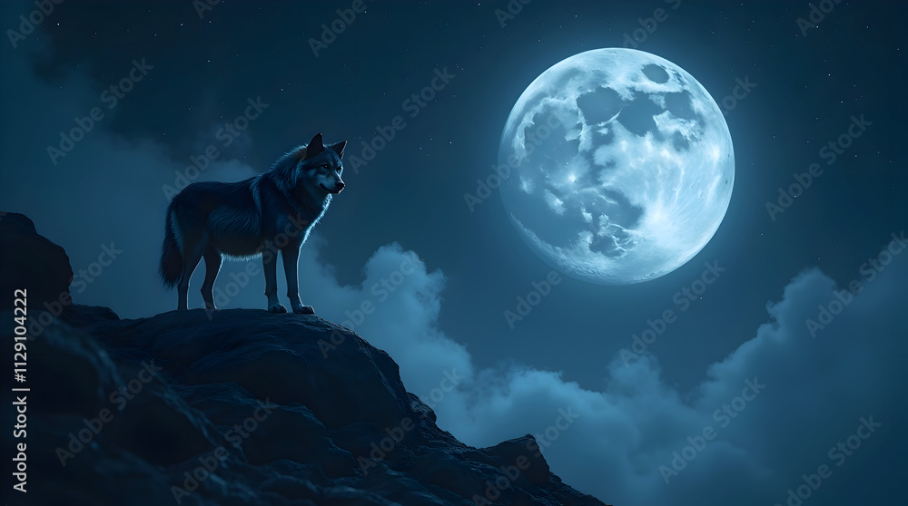 Majestic Wolf Stands Serene on Rocky Terrain Under a Bright, Illuminating Moonlight Majestic Wolf Stands Serene on Rocky Terrain Under a Bright, Illuminating Moonlight