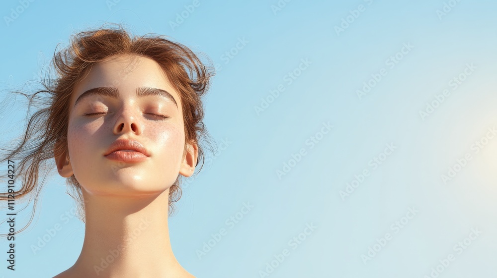 people 3D expressions realistic concept. Serene woman with closed eyes against a bright sky background. people 3D expressions realistic concept. Serene woman with closed eyes against a bright sky background.