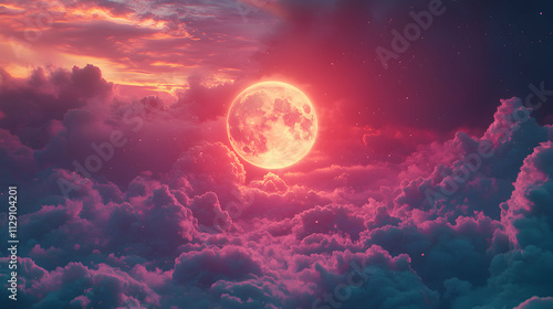 Crimson Moon Rising Above Pink Cloudscape