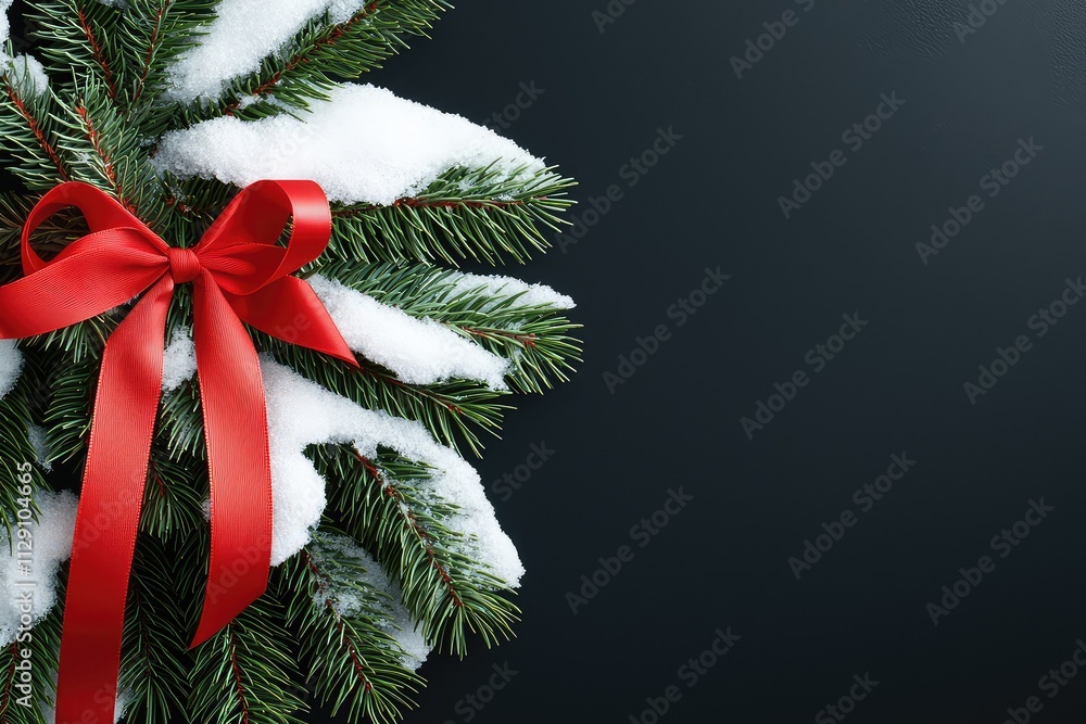 christmas festivity tree Festive wreath with snow and a red ribbon against a dark background. christmas festivity tree Festive wreath with snow and a red ribbon against a dark background.