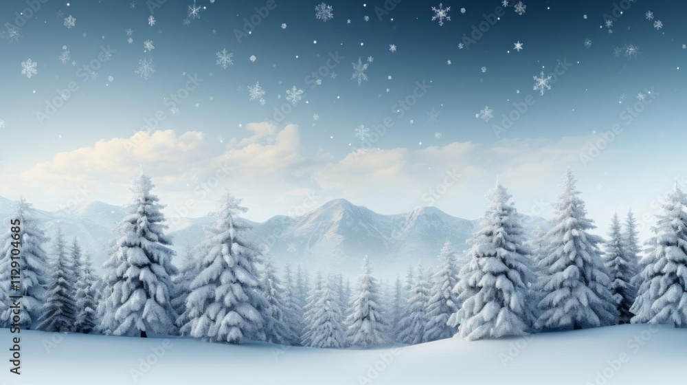 A snowy landscape with a mountain range in the background A snowy landscape with a mountain range in the background