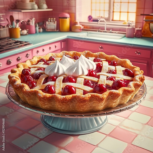 Homemade Strawberry Tart with Whipped Cream on Vintage Kitchen Counter