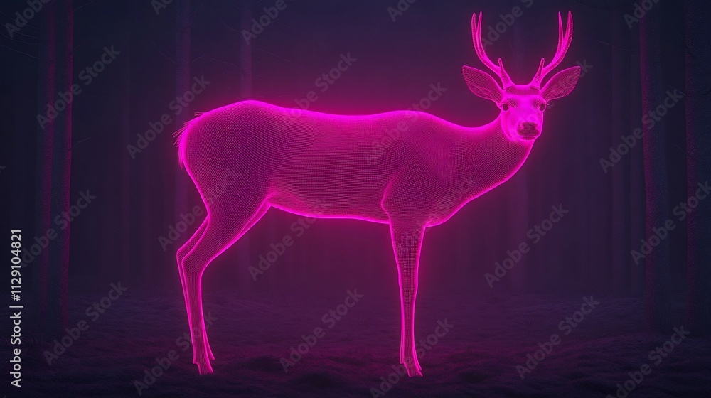 Fototapeta premium Magenta Deer Silhouette in Misty Midnight Forest with Bold Outline and Intricate Wireframe Details