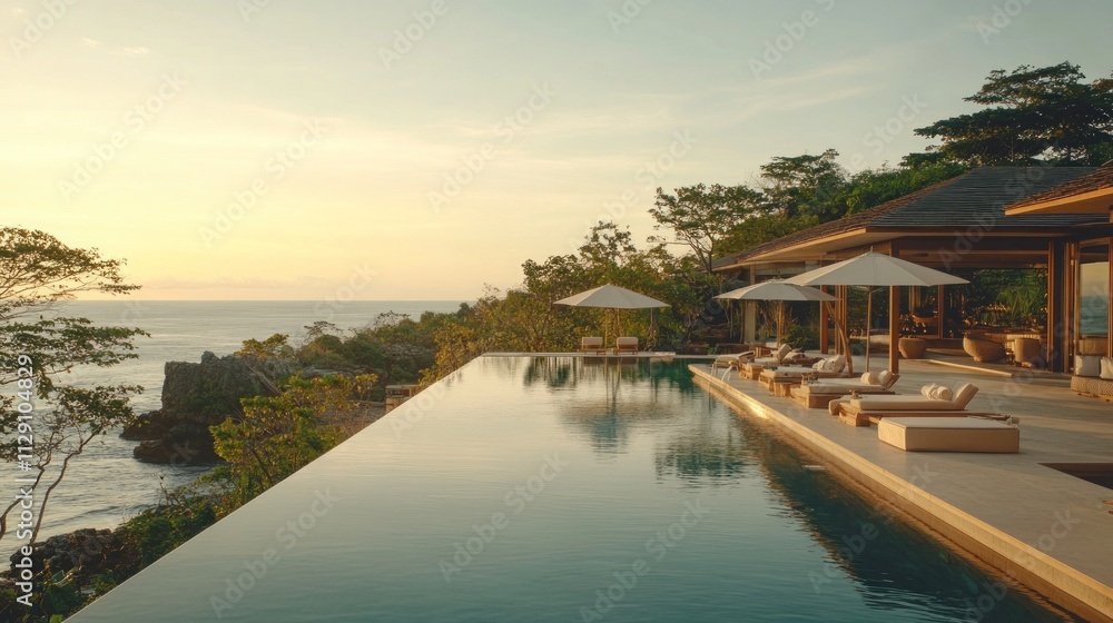 Obraz premium Luxury villa infinity pool overlooking ocean at sunset.