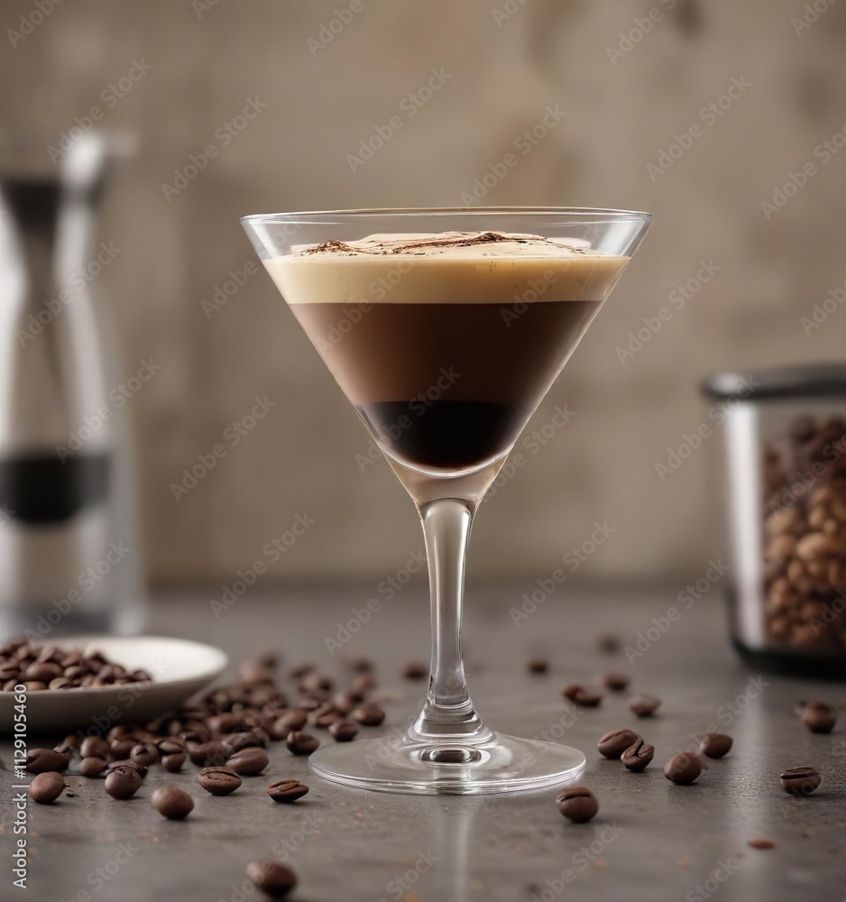 Espresso martini in coupe glass, coffee beans scattered nearby, aromatic, refreshment, party Espresso martini in coupe glass, coffee beans scattered nearby, aromatic, refreshment, party