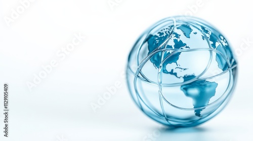 Global Network Connection: Crystal Globe. A 3D rendering of a transparent glass globe showcasing global connectivity with glowing lines symbolizing the internet and digital networks.