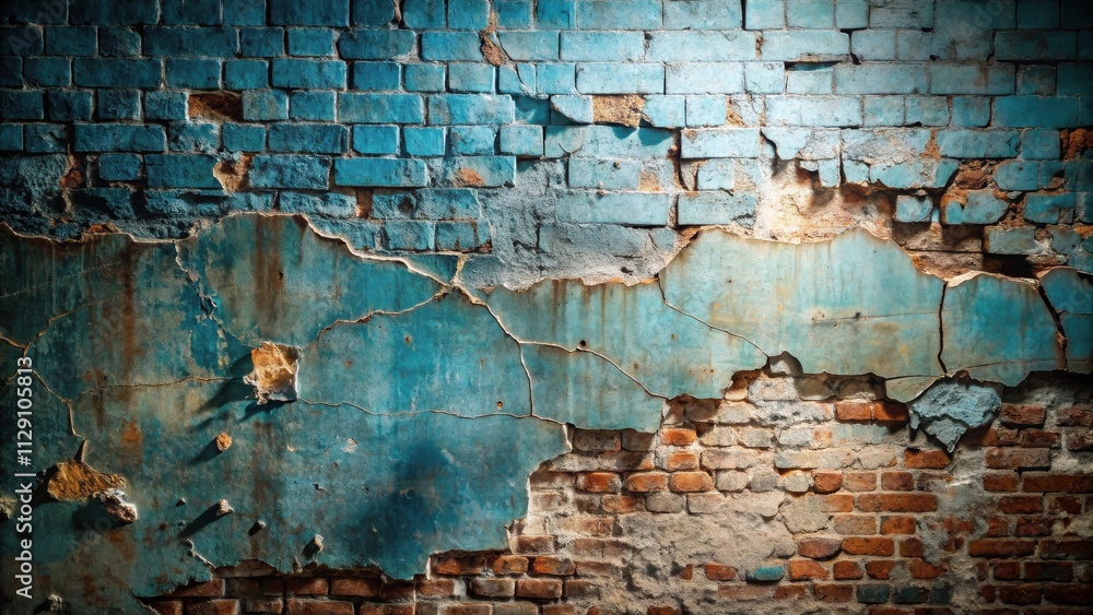 Fototapeta premium A weathered brick wall with peeling paint and cracks, revealing the underlying brickwork, creating a textured backdrop.