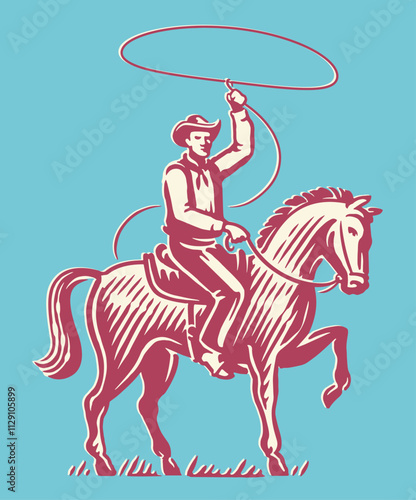 Cowboy in hat on horse with lasso. Ranch, rodeo emblem. Hand drawn vector illustration