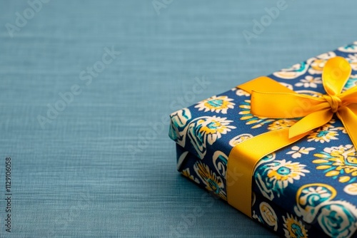 A close-up of a beautiful Eid greeting card placed next to a gift box wrapped in vibrant paper and ribbon photo