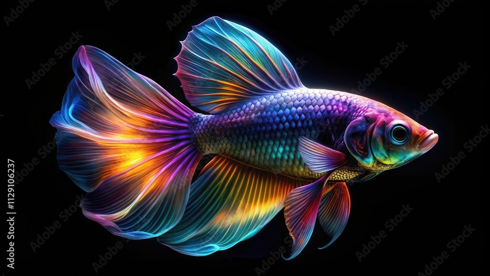 A vibrant iridescent fish with flowing fins and a captivating gaze against a dark background. A vibrant iridescent fish with flowing fins and a captivating gaze against a dark background.