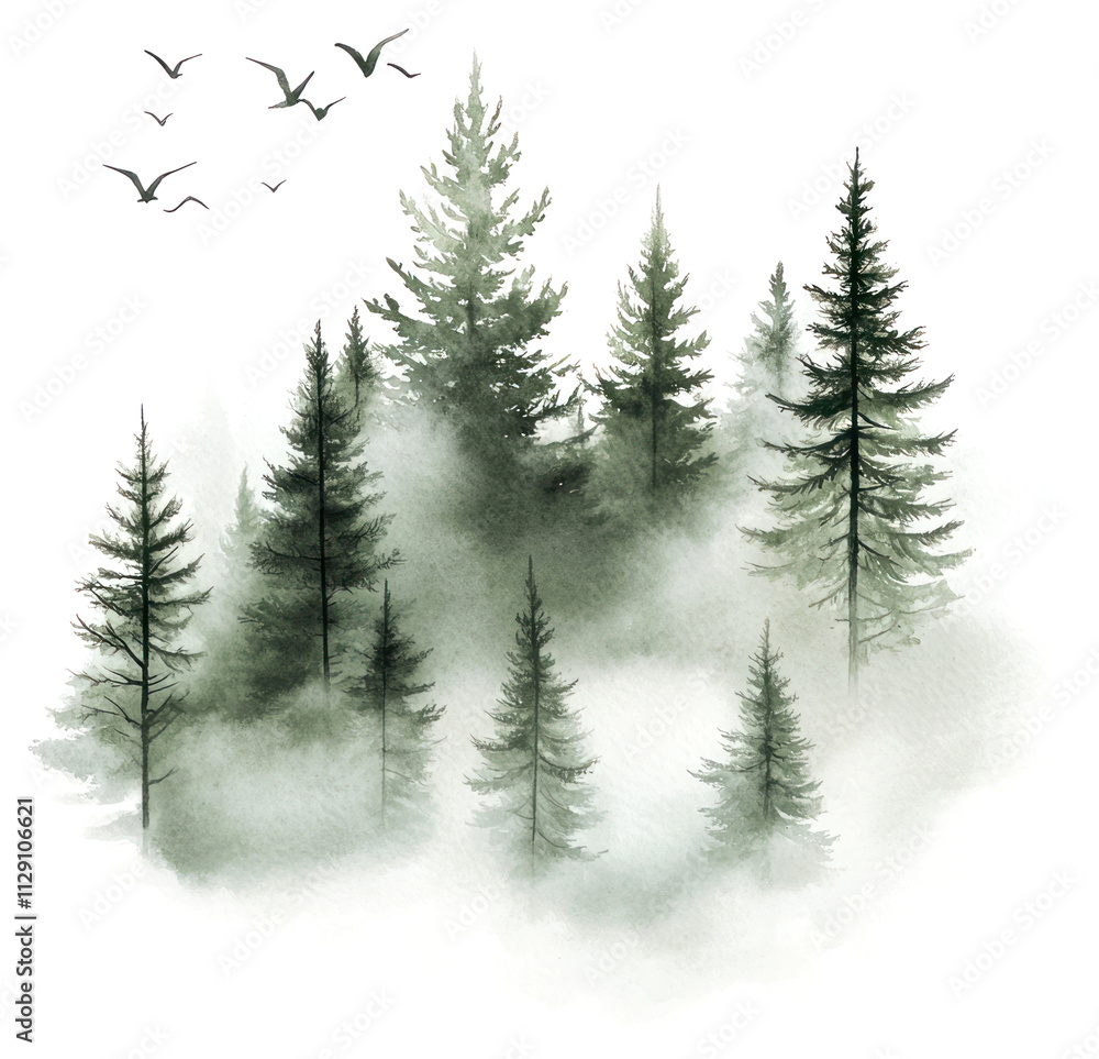 Obraz premium PNG Watercolor forest trees mist nature.