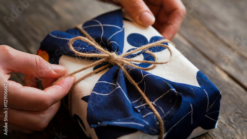 Hands carefully crafting a Furoshiki-style gift wrap using fabric and twine, emphasizing eco-friendly alternatives to paper.