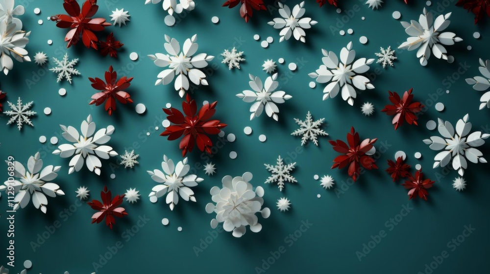 A blue background with a lot of red and white snowflakes A blue background with a lot of red and white snowflakes