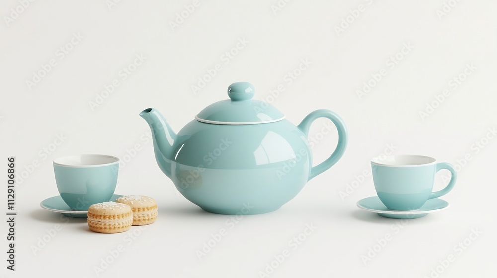 Blue Cozy Teapot Surrounded by Tea Cups and Biscuits on White Background Blue Cozy Teapot Surrounded by Tea Cups and Biscuits on White Background