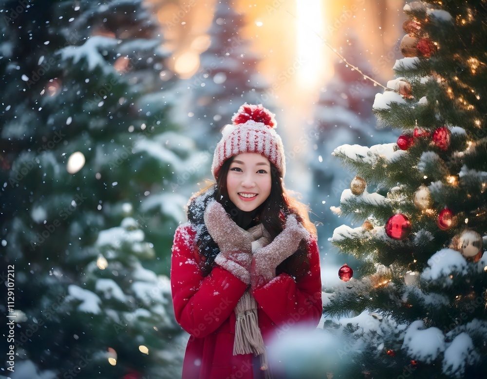 Happy Woman in Red Winter Coat Snowy Christmas Tree Happy Woman in Red Winter Coat Snowy Christmas Tree