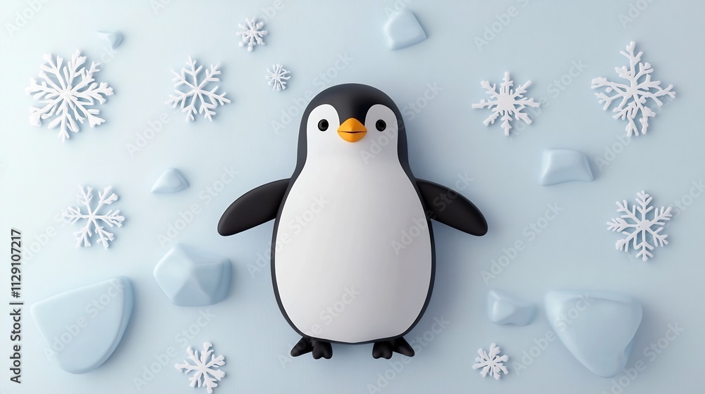 Obraz premium Adorable 3D Cartoon Penguin Surrounded by Winter Snowflakes and Icy Backdrop