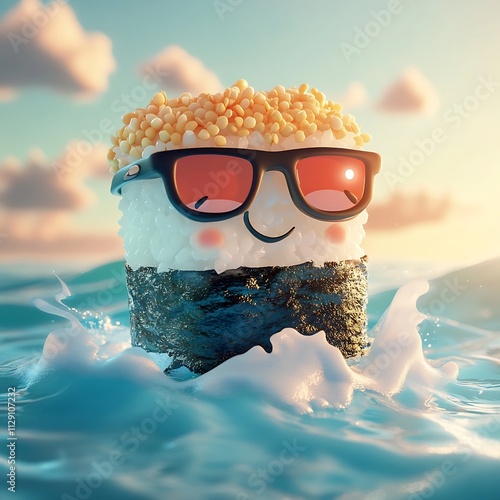 Melting Popsicle Wearing Sunglasses in Tropical Ocean Waves