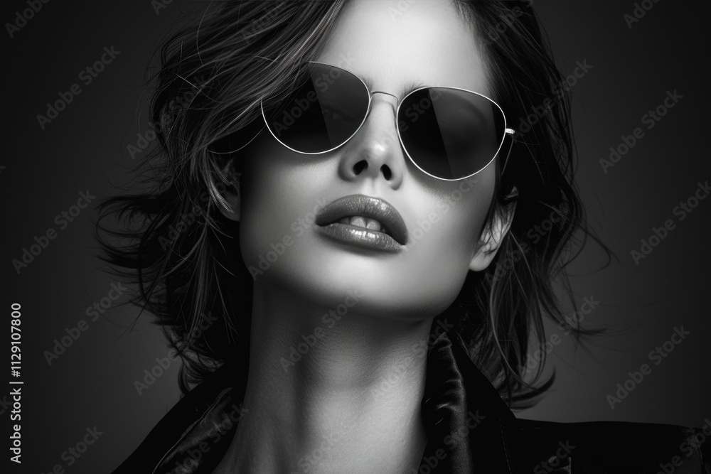 Stylish black and white portrait of a young woman in deep v neck jacket with sunglasses Stylish black and white portrait of a young woman in deep v neck jacket with sunglasses