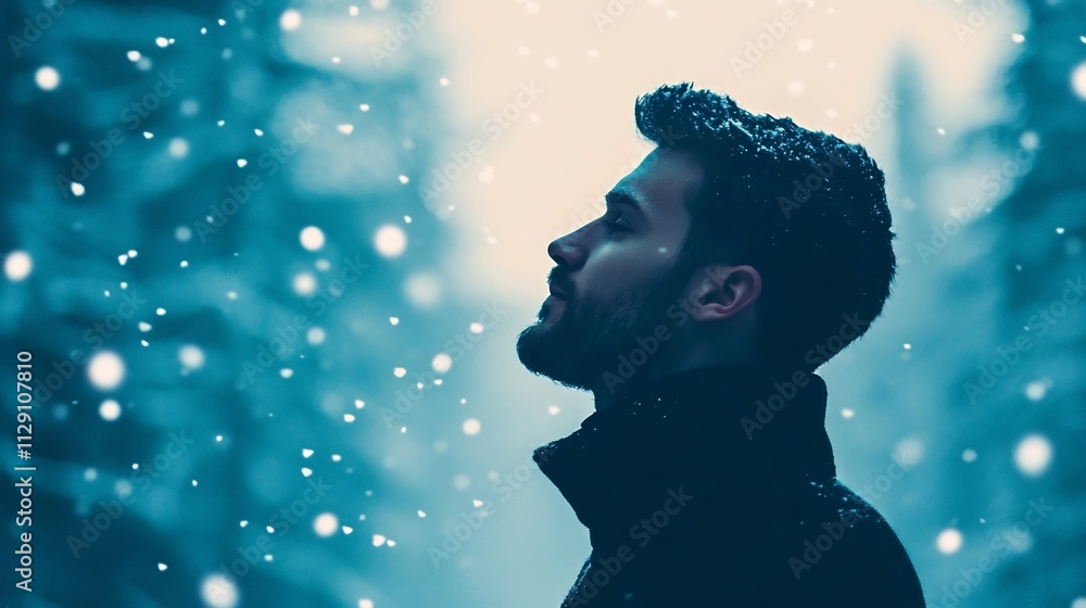 Man's Silhouette Blended with Snowy Winter Forest and Falling Snowflakes Man's Silhouette Blended with Snowy Winter Forest and Falling Snowflakes