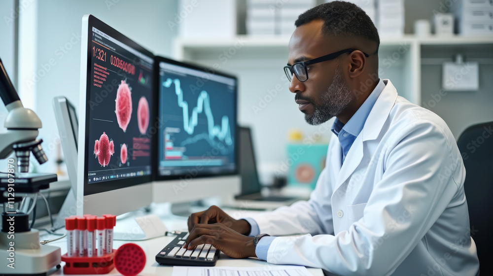 Concentrated doctor in lab coat works on computer, analyzing analysis results displayed on two monitors. Microbiologist Analyzing Microbiological Data on Monitors in Laboratory Environment Concentrated doctor in lab coat works on computer, analyzing analysis results displayed on two monitors. Microbiologist Analyzing Microbiological Data on Monitors in Laboratory Environment