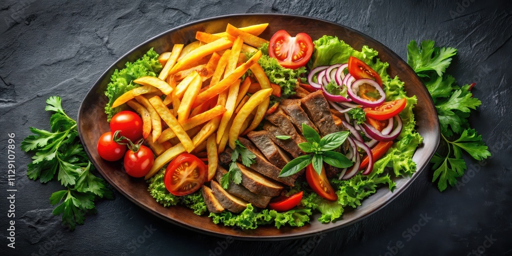 A plate of grilled meat slices served with crispy fries, a bed of fresh greens, and a vibrant medley of cherry tomatoes, red onions, and basil leaves. A plate of grilled meat slices served with crispy fries, a bed of fresh greens, and a vibrant medley of cherry tomatoes, red onions, and basil leaves.