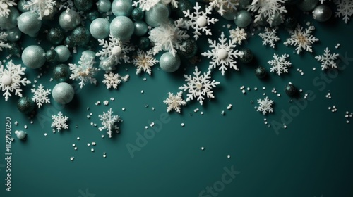 A green background with a lot of snowflakes and Christmas ornaments