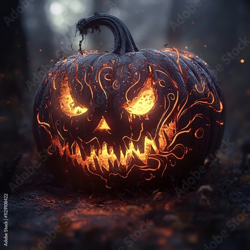 Ominous Carved Glowing Pumpkin in Eerie Autumn Landscape