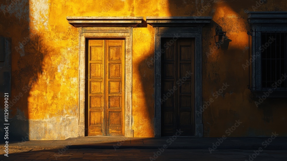 Fototapeta premium Warm Hues and Contrasting Shadows: The Captivating Charm of an Old Doorway