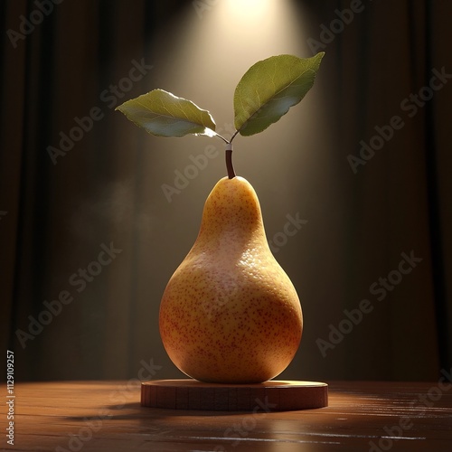 Pear on Wooden Table with Leaves in Warm Spotlight