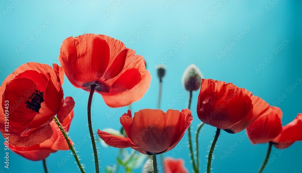 Obraz premium vibrant red poppy flowers on light blue background n captivating floral still life for food and nature photography lovers