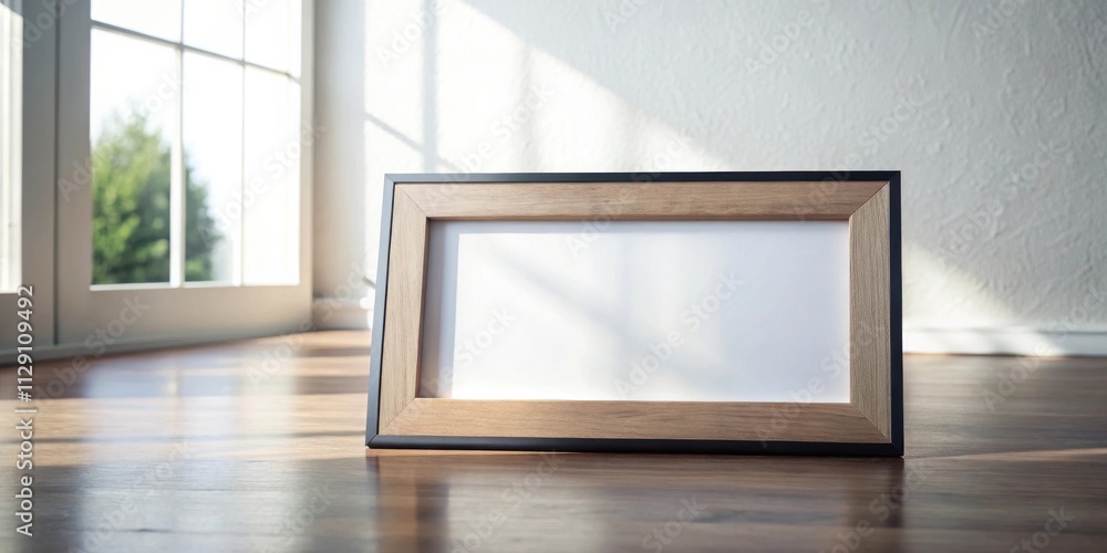 A wooden picture frame with a black border lies on a hardwood floor with natural light streaming in from a window. A wooden picture frame with a black border lies on a hardwood floor with natural light streaming in from a window.