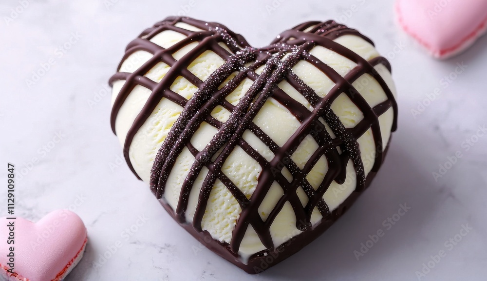 A heart-shaped dessert topped with chocolate drizzle, surrounded by pink macarons, perfect for romantic occasions. A heart-shaped dessert topped with chocolate drizzle, surrounded by pink macarons, perfect for romantic occasions.