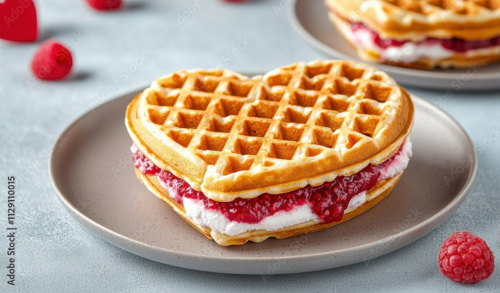 A heart-shaped waffle sandwich filled with cream and raspberry, garnished with fresh raspberries, perfect for a sweet treat. A heart-shaped waffle sandwich filled with cream and raspberry, garnished with fresh raspberries, perfect for a sweet treat.