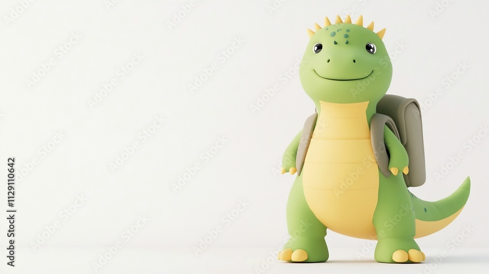 Fototapeta premium Adorable Clay Dinosaur with Tiny Backpack in Bright Green and Yellow Tones,3D Render