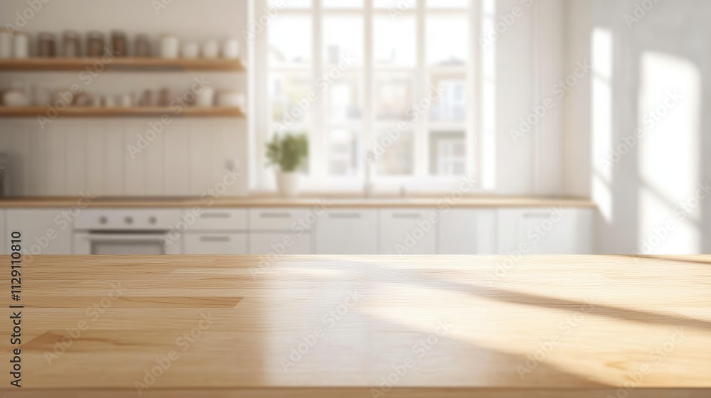 Wooden light empty table top in modern white kitchen, kitchen panel in interior Wooden light empty table top in modern white kitchen, kitchen panel in interior