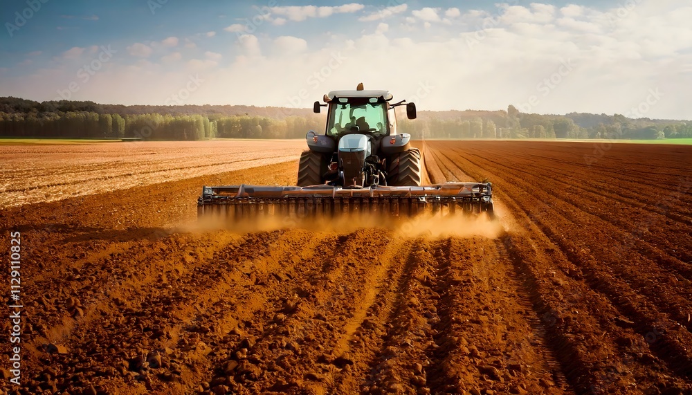 Obraz premium Tractor Plowing Field Agriculture Farming Rural Landscape Sunset Soil Harvesting Brown Earth Farm