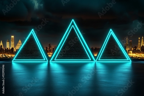 A futuristic depiction of the Great Pyramids of Giza integrated with glowing neon lights and a sci-fi desert cityscape, blending ancient and modern Egypt photo