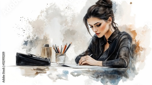 Young woman in deep concentration writing at desk with creative background