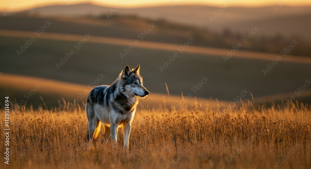 Majestic wolf in golden meadow at sunset for wildlife design and nature conservation Majestic wolf in golden meadow at sunset for wildlife design and nature conservation